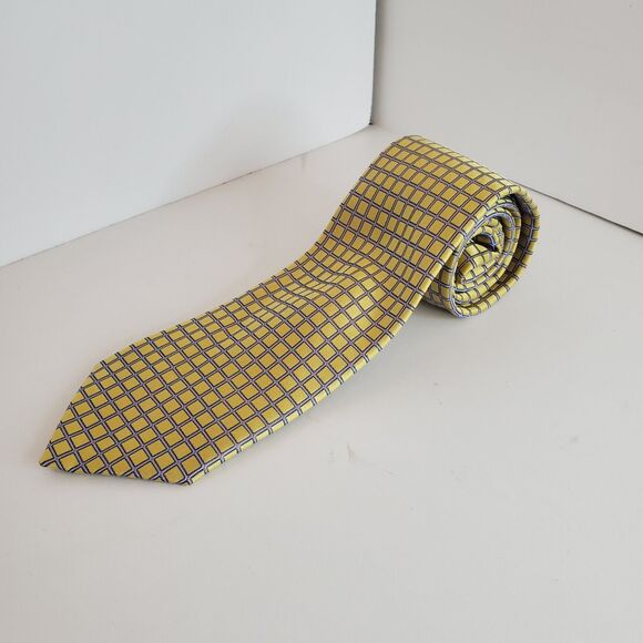 Ted Baker London Neck Tie Mens Blue & Yellow Geometric Textured 100% Silk EUC - Picture 1 of 5